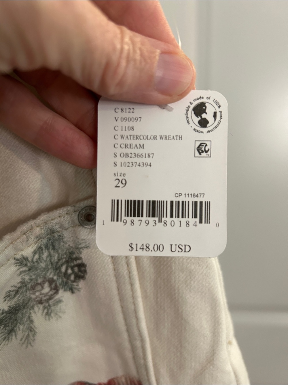 NWT We The Free Good Luck Mid Barrel Ivory Floral Wreath Jeans (small flaw) - Picture 4 of 8